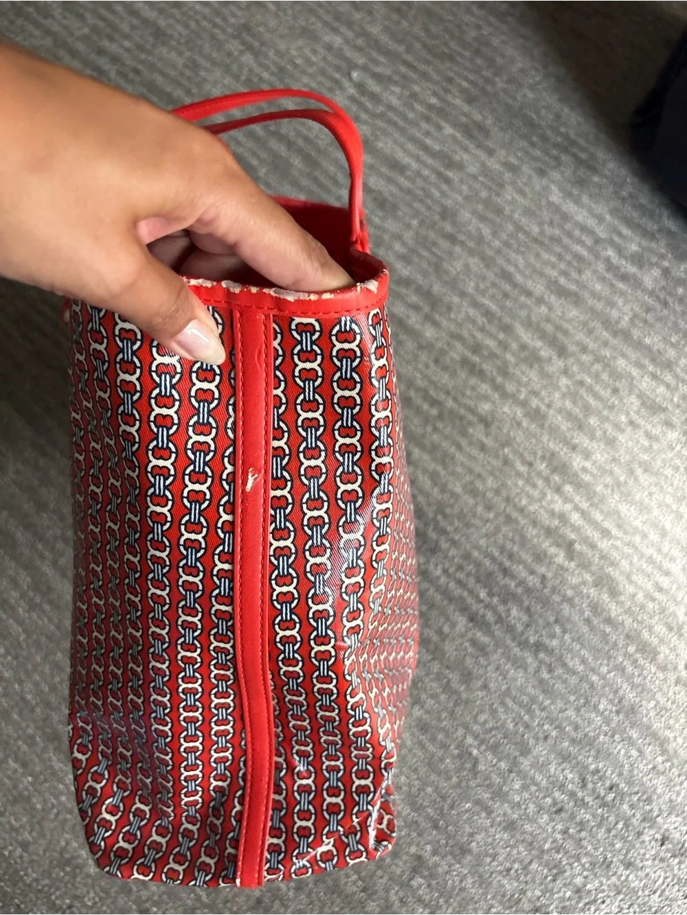 Tory Burch red Orange Gemini Link Canvas Open Top Large Tote Purse
